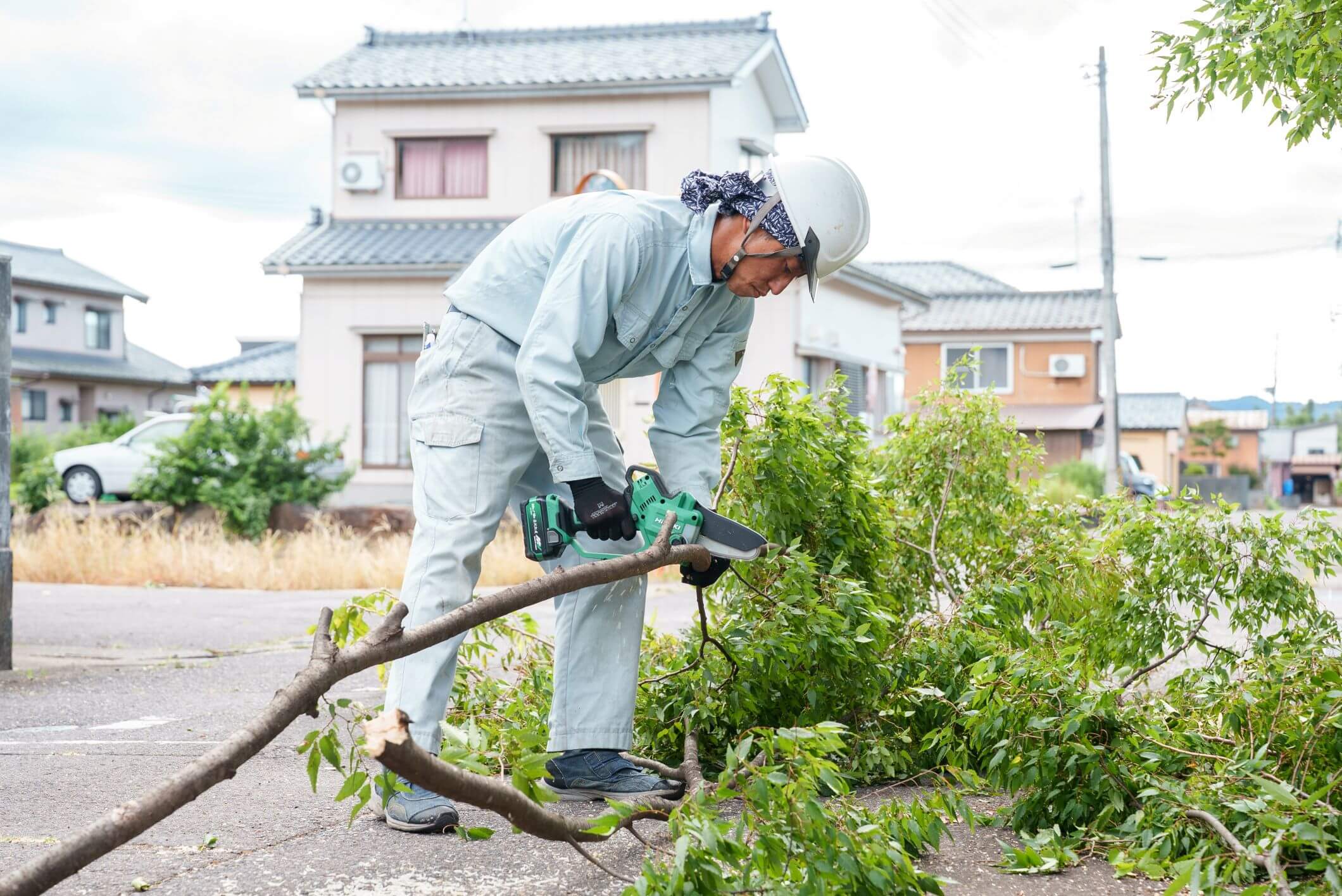 新潟市の住宅で庭木の剪定作業をしている職人